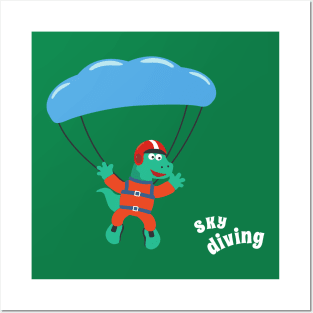 cartoon illustration of skydiving with litlle dinosaur Posters and Art